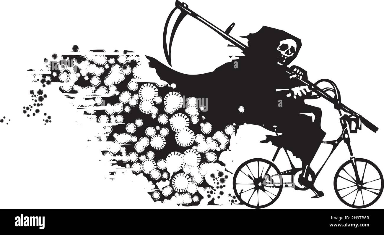 Im expressionistischen Stil gehaltene Holzschnitt-Illustration des Todes auf einem Fahrrad, das eine kovide Pandemie ausbreitet Stock Vektor