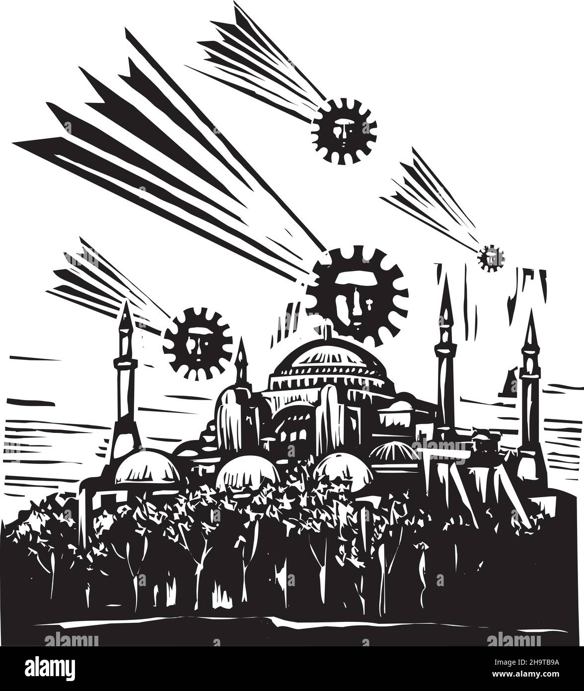 Expressionistische Holzschnitt-Illustration von Kometen, die wie Sporen über der hagia sophia in istanbul aussehen Stock Vektor