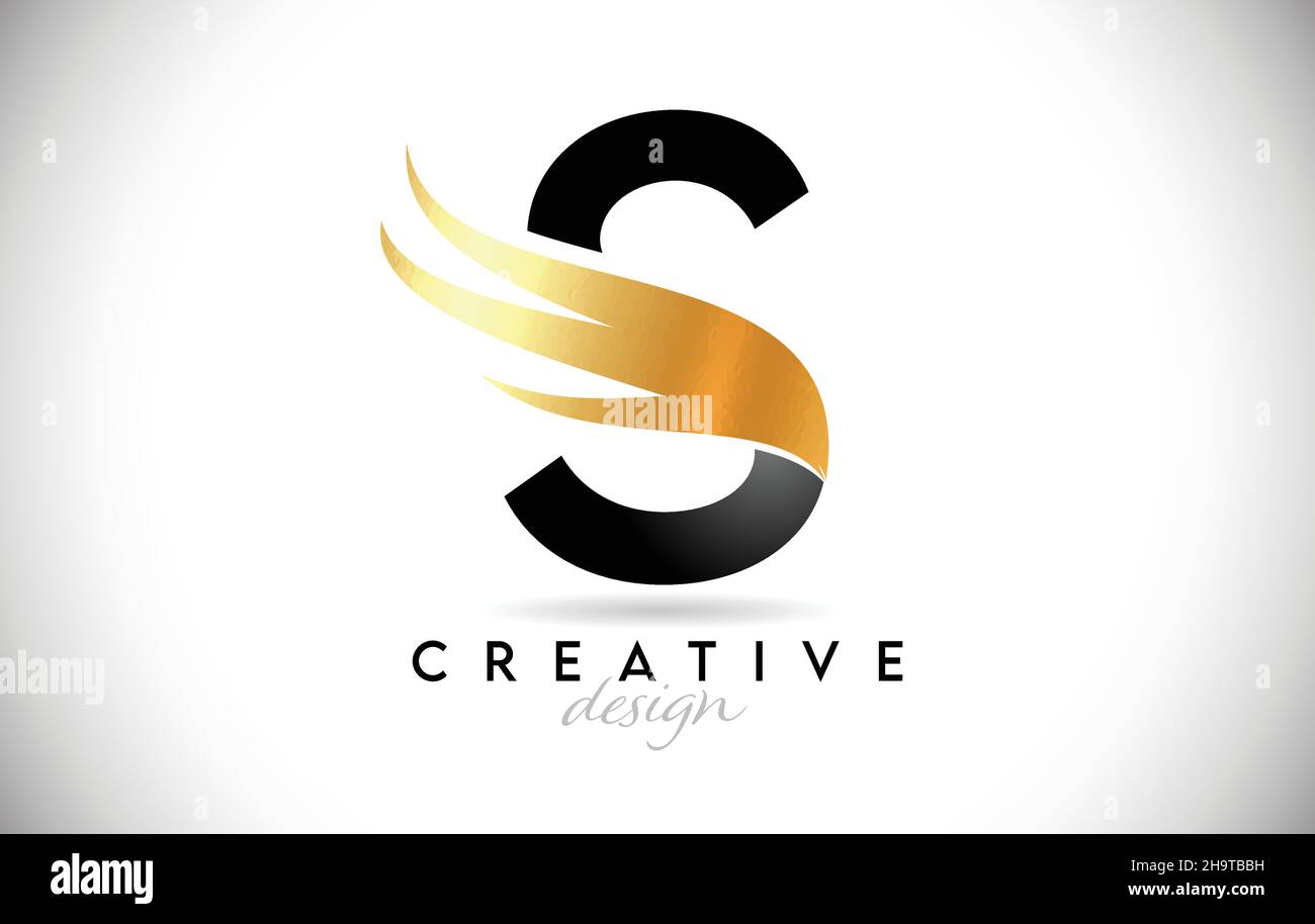Flügel Buchstabe S mit goldenem, elegantem minimalistischem Design. Creative S Letter Swoosh Icon Vektorgrafik. Stock Vektor