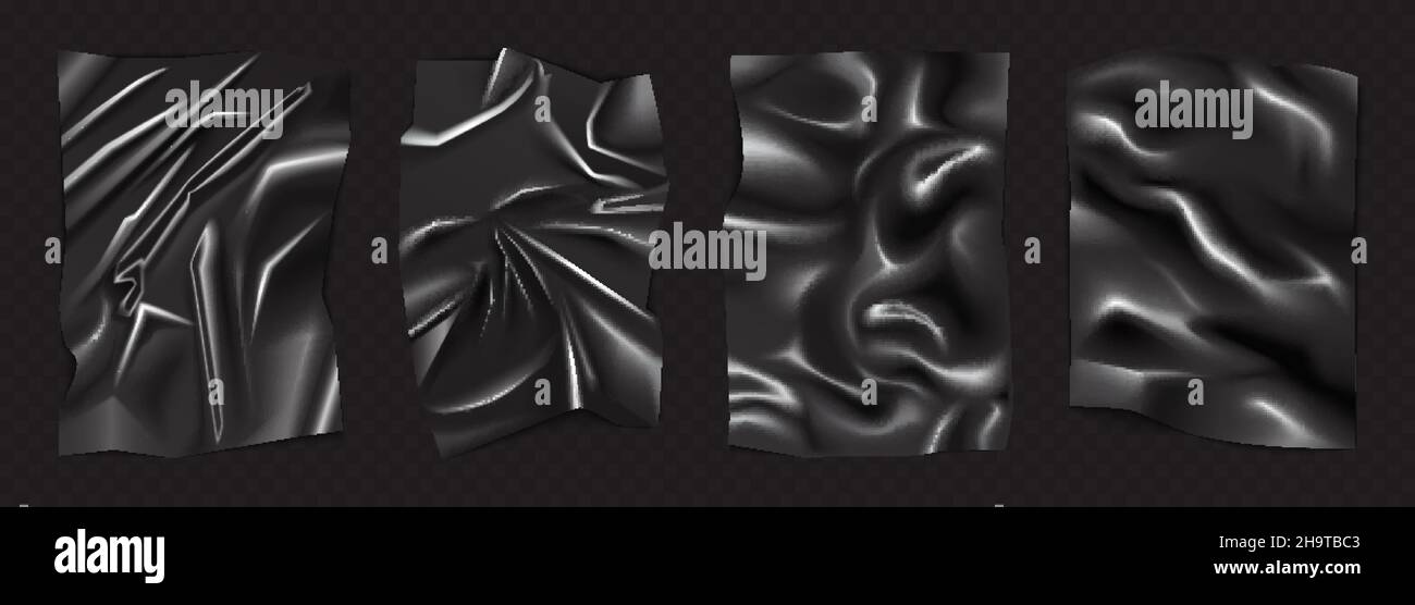 Schwarzes, zerknittertes rechteckiges Blatt mit Latex-Texturset-Vektorgrafik. 3D realistische zerknitterte Lebensmittelverpackungen aus Kunststoff, hochglanzgeklebtes Papier oder pvc-Stretchpackmaterial auf schwarzem Hintergrund Stock Vektor