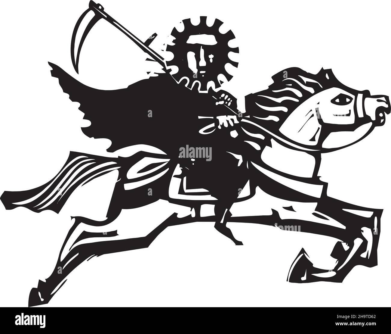 Expressionistischer Holzschnitt-Illustration des covid pandemischen Todes auf einem Pferd Stock Vektor