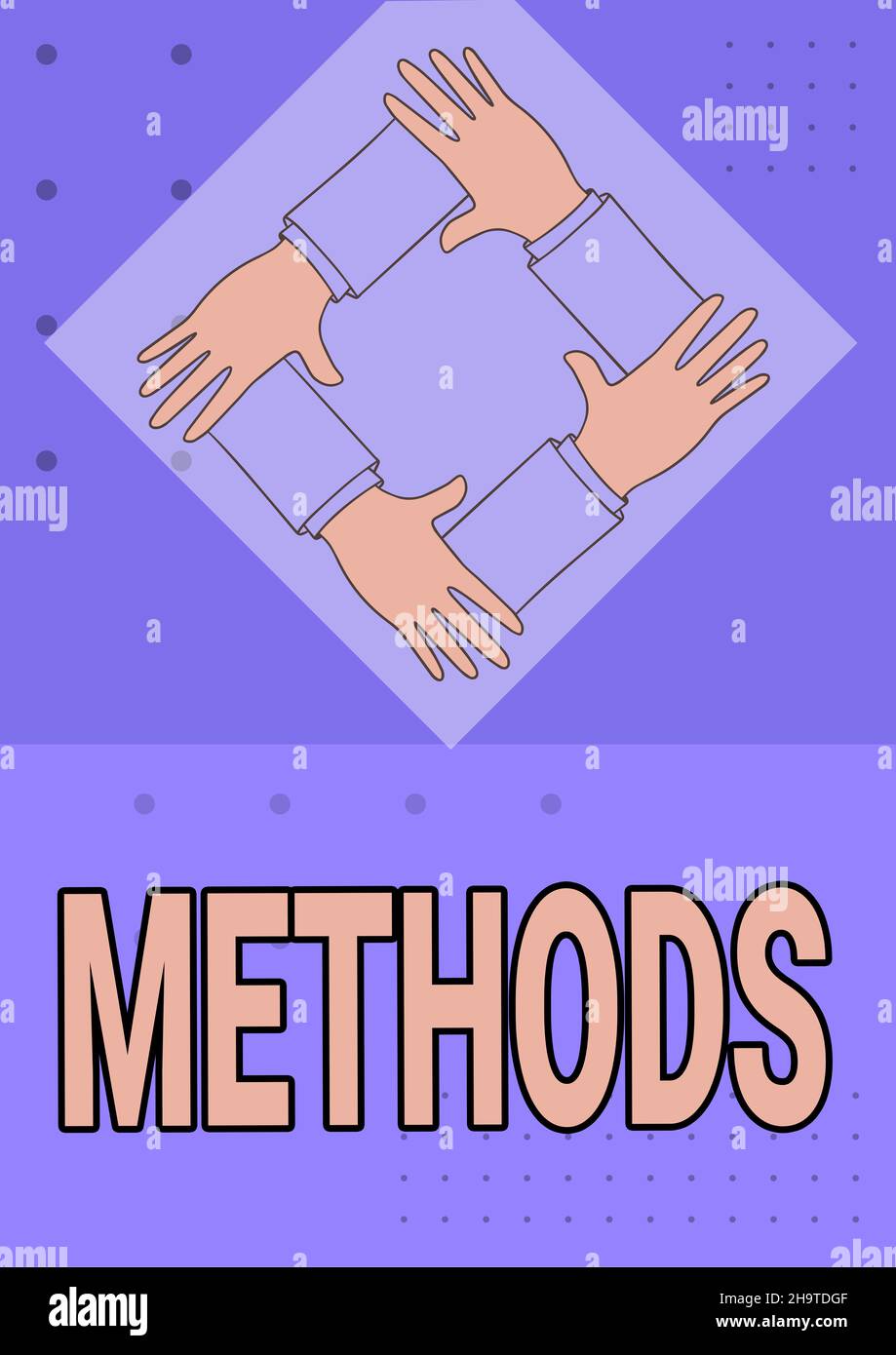 Signieren der Anzeigemethoden. Konzeptionelles Foto die besondere Form des Verfahrens, um etwas zu erreichen, das vier Hände miteinander verbunden hält Stockfoto