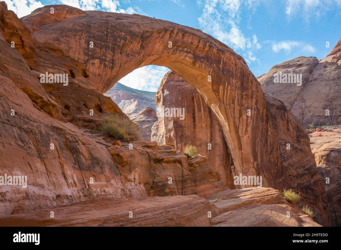 Glen Canyon National Recreation Area, Utah, USA. Blick aus dem Felsvorsprung auf den riesigen Sandsteinbogen des Rainbow Bridge National Monument. Stockfoto