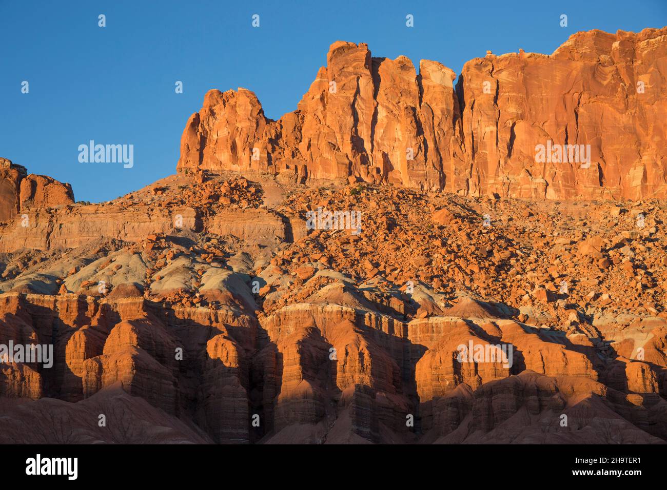 Fruita, Capitol Reef National Park, Utah, USA. Die hoch aufragenden roten Sandsteinklippen des Waterpocket Fold werden im Herbst von der untergehenden Sonne beleuchtet. Stockfoto