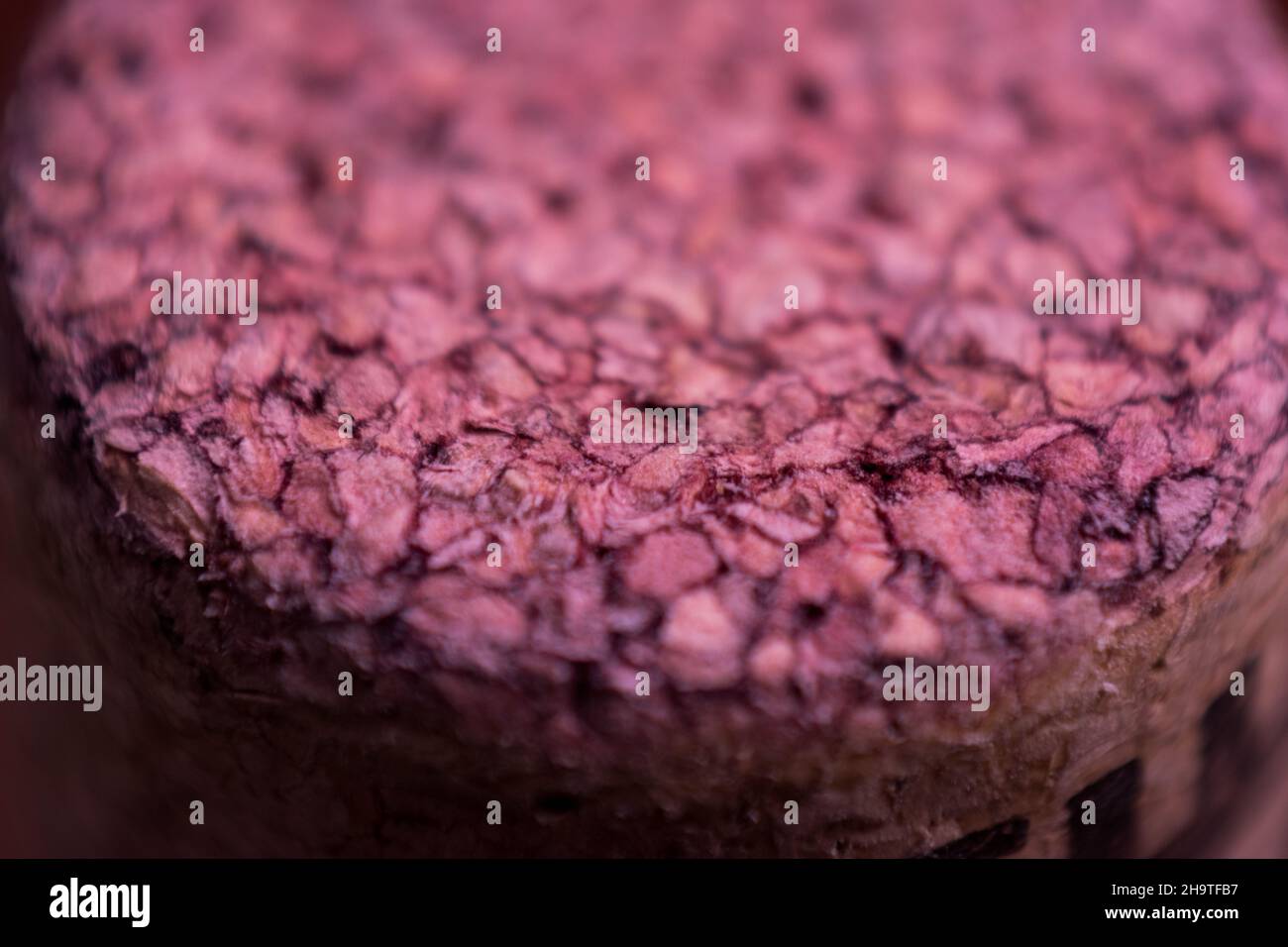 Nahaufnahme einer violetten Korkstruktur einer Weinflasche Stockfoto
