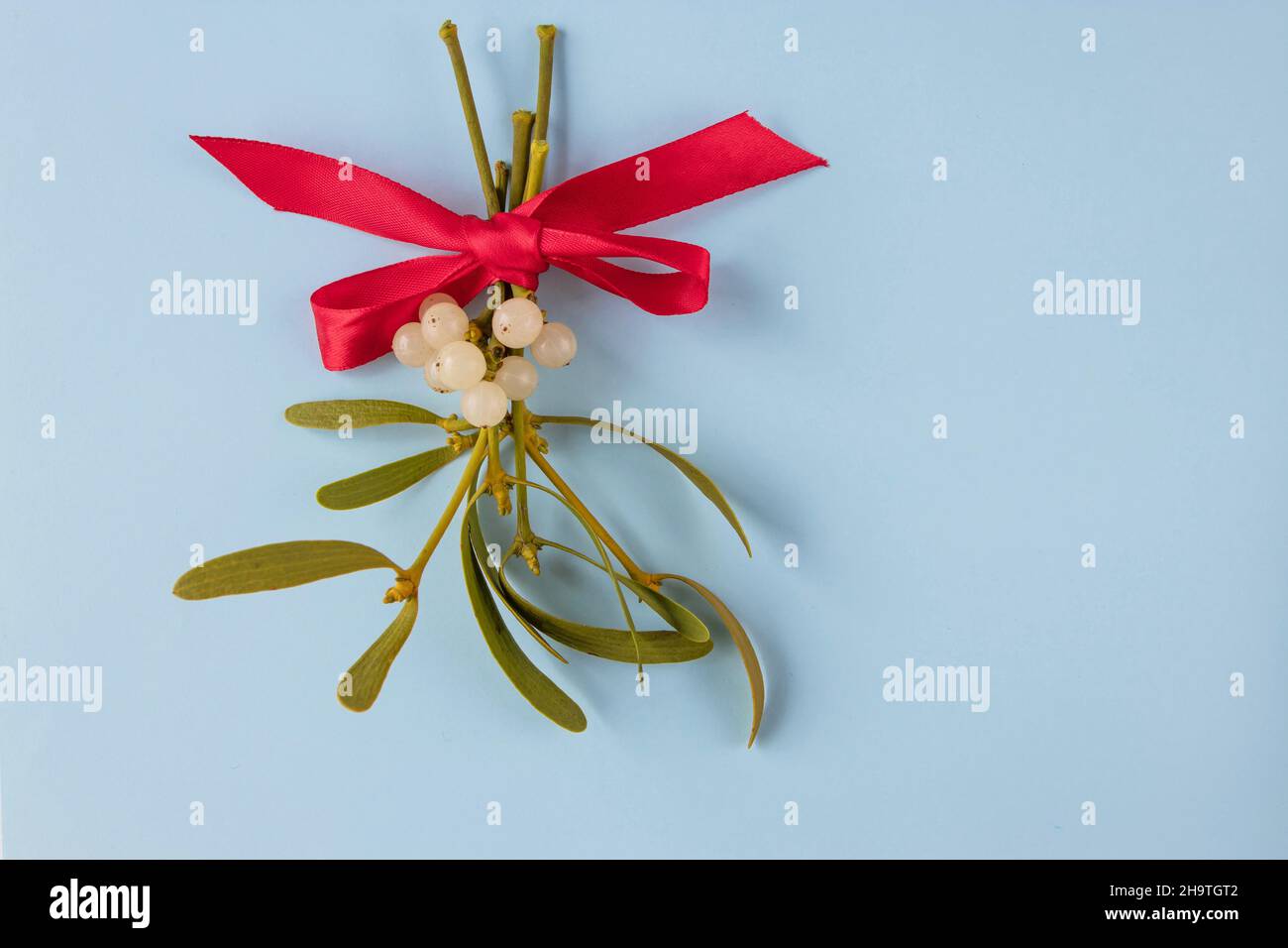 Rote Schleife auf einem Mistelhaufen mit weißen Beeren und grünen Blättern gebunden. Weihnachtsdekoration. Stockfoto