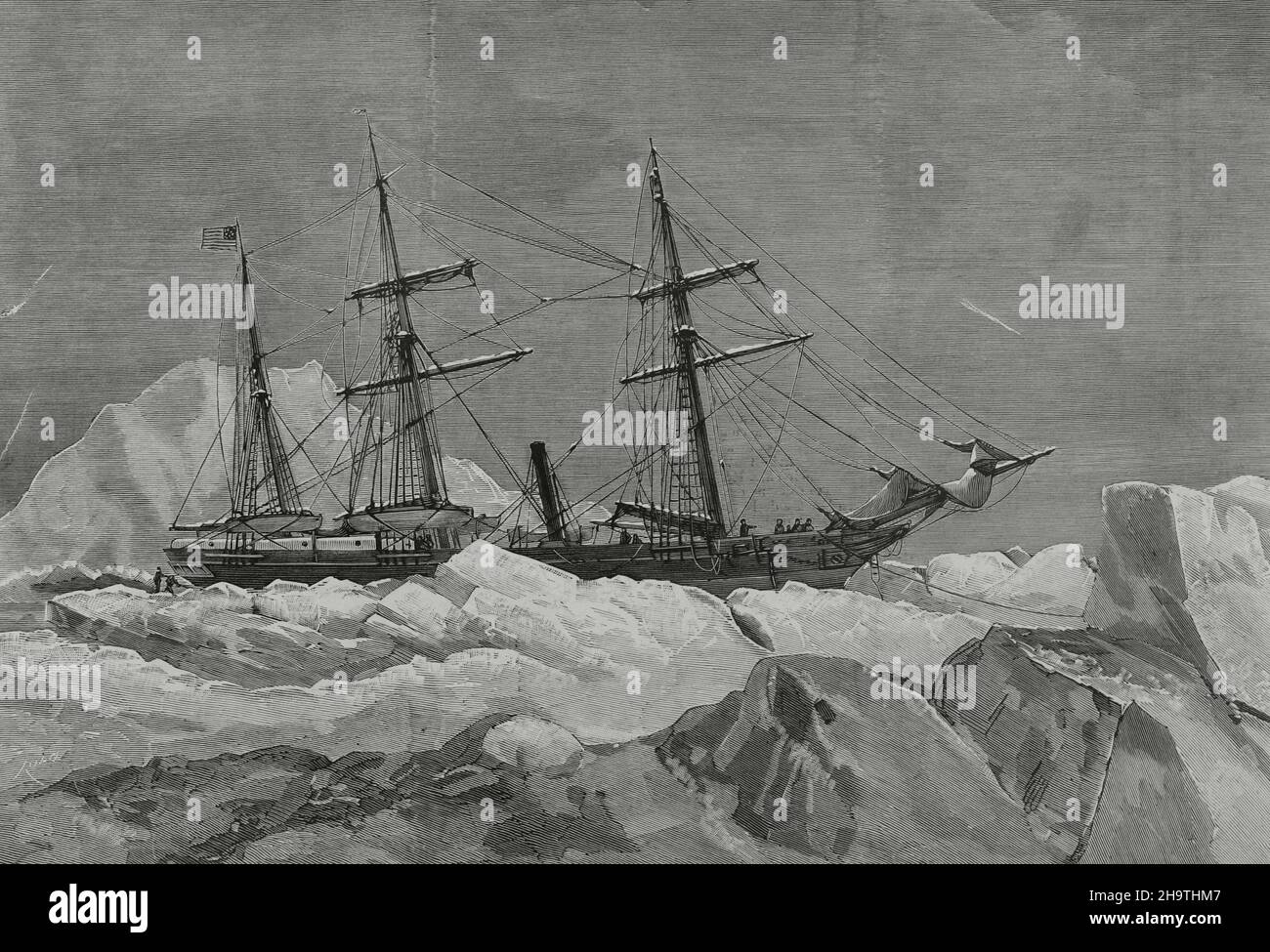 Arktische Erkundungen. Polarexpedition in die Arktis von George Washington De Long (1844-1881). Das Schiff 'Jeannette' wurde in der Nähe der Wranel-Insel von Eis zerkleinert. Die Jeanette, die am 12. Juni 1881 im Eis nordöstlich der Neusibirischen Inseln aufgegeben wurde. Gravur von Rico. La Ilustración Española y Americana, 1882. Stockfoto