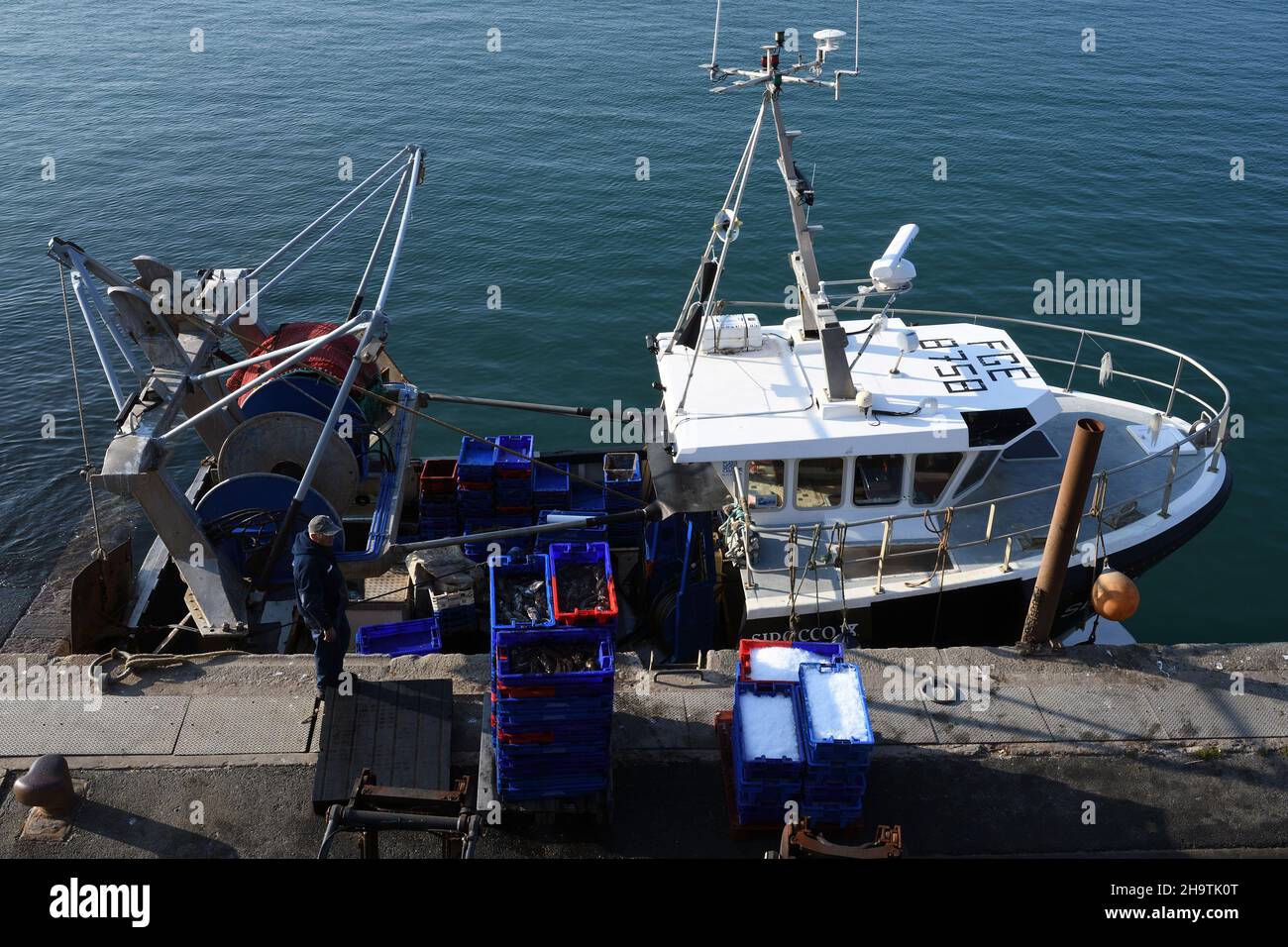 Der Fang eines Fischerbootes wird im Hafen, Frankreich, der Bretagne, im Département Côtes-d’Armor , Erquy entladen Stockfoto