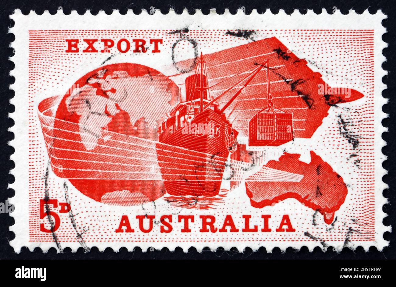 AUSTRALIEN - UM 1963: Eine in Australien gedruckte Marke zeigt Globe, Schiff, Flugzeug und Karte von Australien, Bedeutung der Exporte in die australische Wirtschaft, c Stockfoto