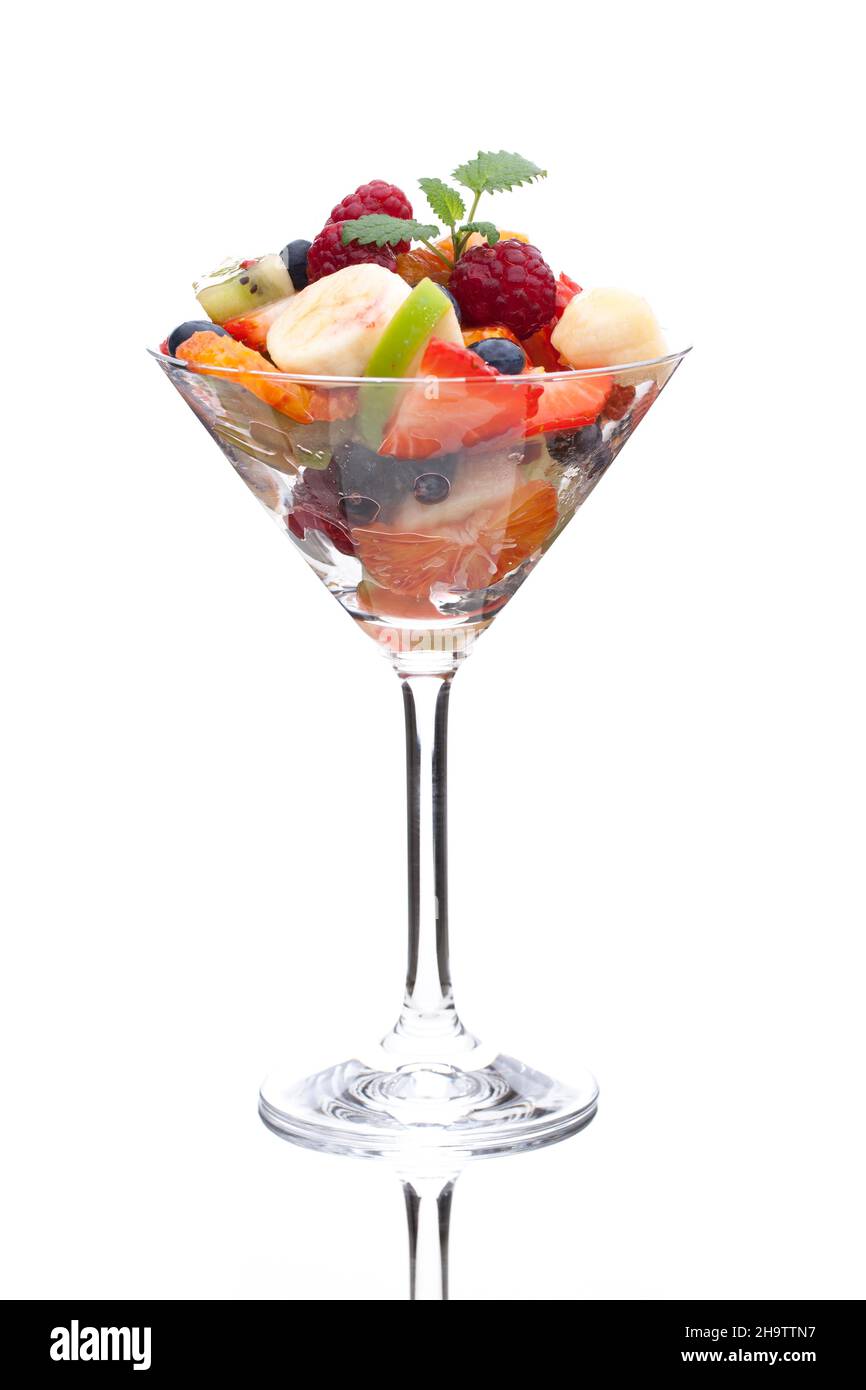Obstsalat, viele, oben, Gesicht, voll, Frisch, mehr, weiß, Obst, Hintergrund, Bunt, Dessert, Studioaufnahme, grün, Kiwi, Mischen Sie Farben, verschiedene, Toget Stockfoto