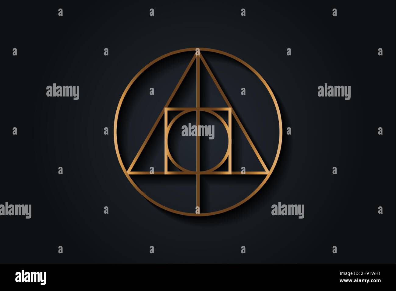 Gold heilige magische Geometrie , okkultes Symbol , alchemistische Symbol zeigt die Interaktion zwischen den vier Elementen der Materie symbolisiert den Philosophen Stock Vektor