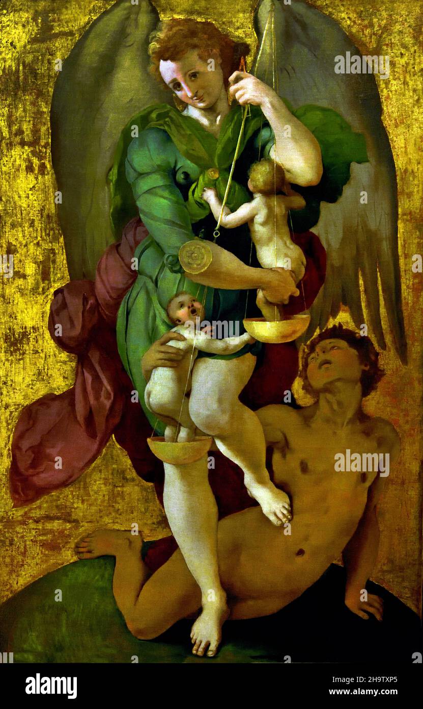 St. Michael und der Teufel, 1525-8 Agnolo di Cosimo, genannt Bronzino (1503-72),Italien, Italienisch.( St. Michael der Erzengel Michael, der mit seinem rechten Fuß auf Satans Rücken steht und einen Speer in seinen Händen hält, verscheut Satan. Devel, ) Agnolo di Cosimo, sagte, il Bronzino, 1503-1752 Stockfoto