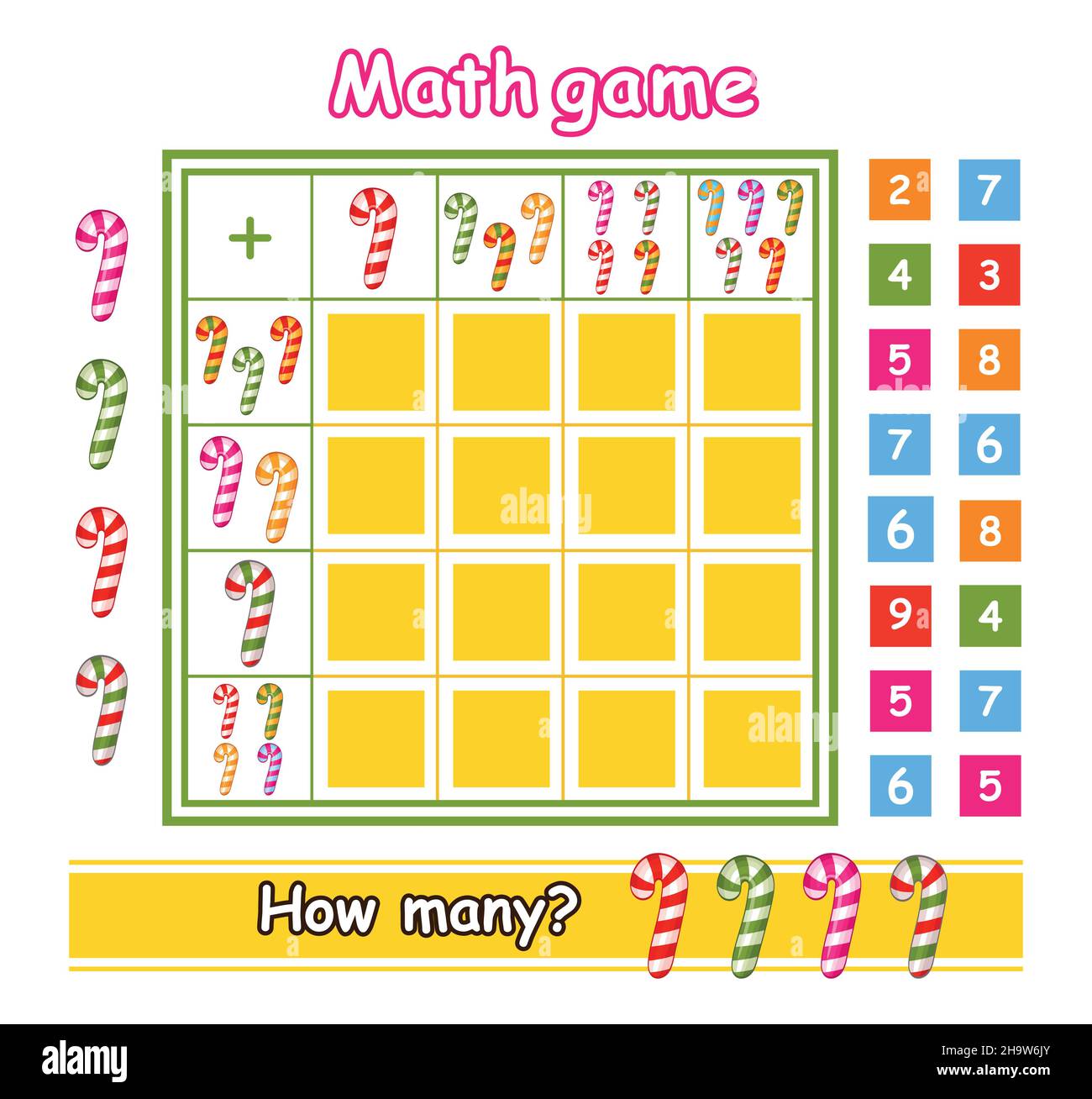 Mathe Bildung Spiel für Kinder im Vorschulalter. Wie viele Zählung Weihnachtsbonbonbons Stick. Addition, Zahlen schreiben. Mathematik für Kinder. Vektor Stock Vektor