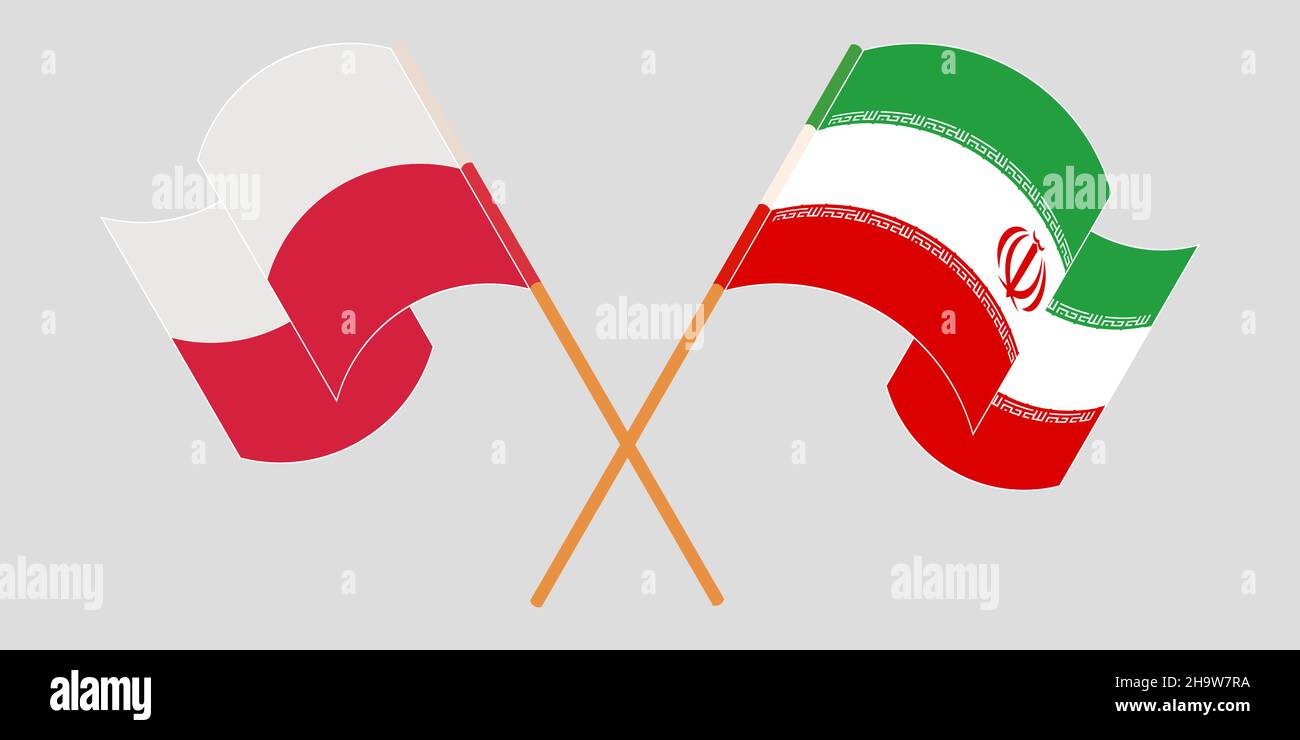 Gekreuzte und winkende Flaggen des Iran und Polens. Vektorgrafik Stock Vektor