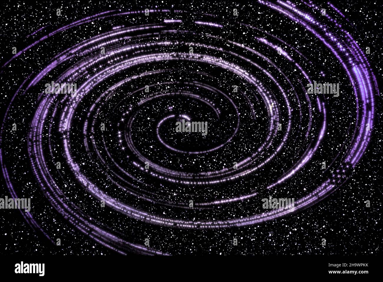 Abstrakter Raumhintergrund mit leuchtend violetten Sternen in Form eines Spiralnebels auf schwarzem Sternenhintergrund im tiefen Raum Stockfoto