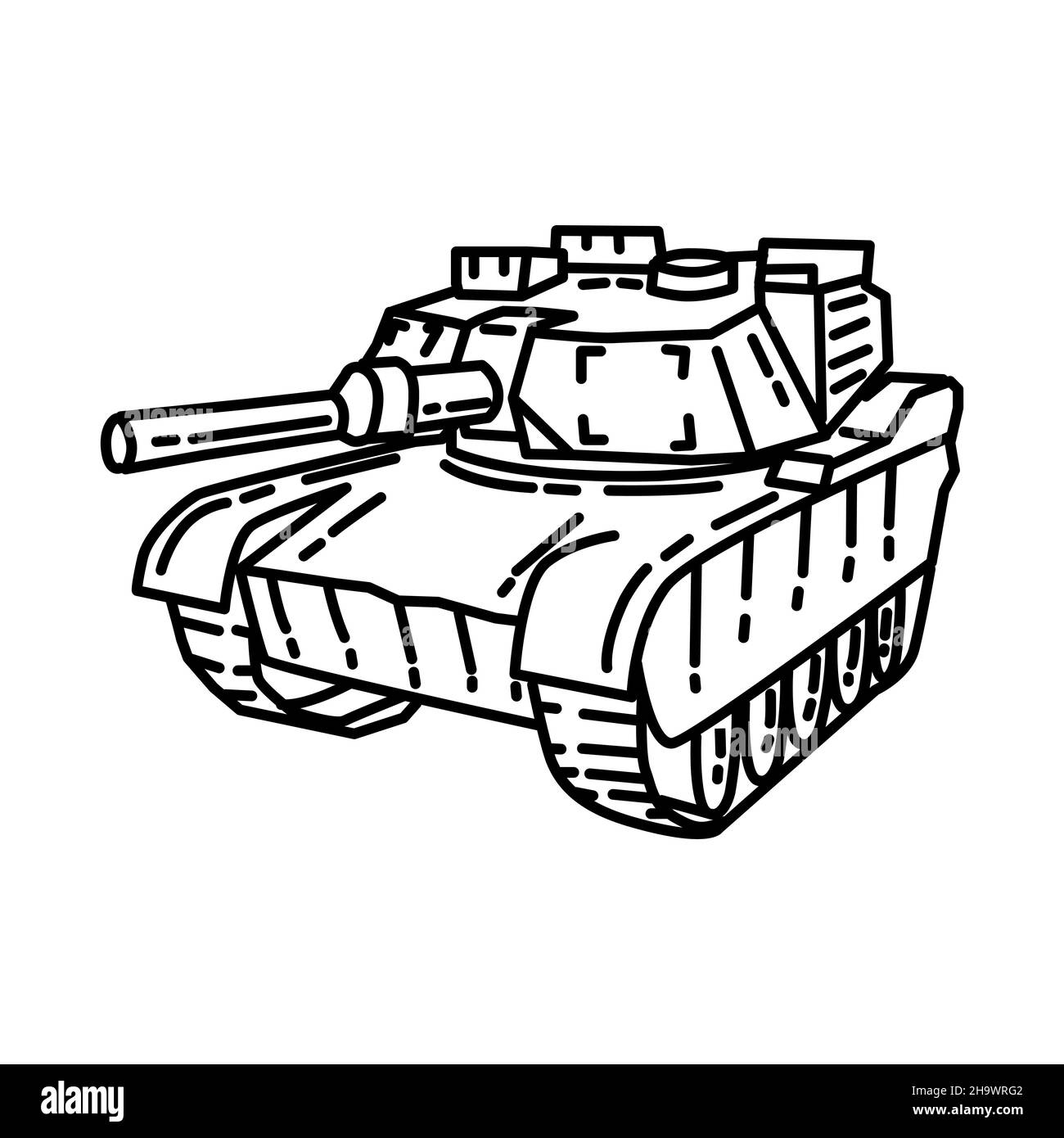 Tank Army Teil der Militär-und Armee-Force-Ausrüstungen handgezeichnete Icon-Set Vektor. Stock Vektor