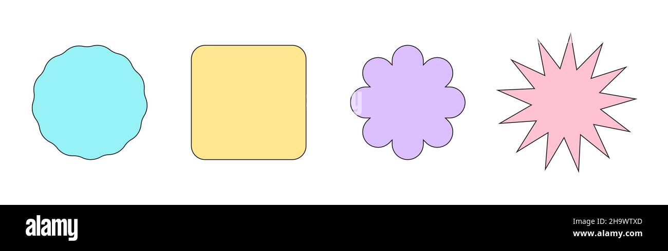 Set von Aufklebern und Aufnäher mit Kopierfläche im Retro-Pop-Stil farbenfrohe Pastellfarben mit einem Strich. Coole Grafik Hintergrund Design Elemente. Einfach i Stock Vektor