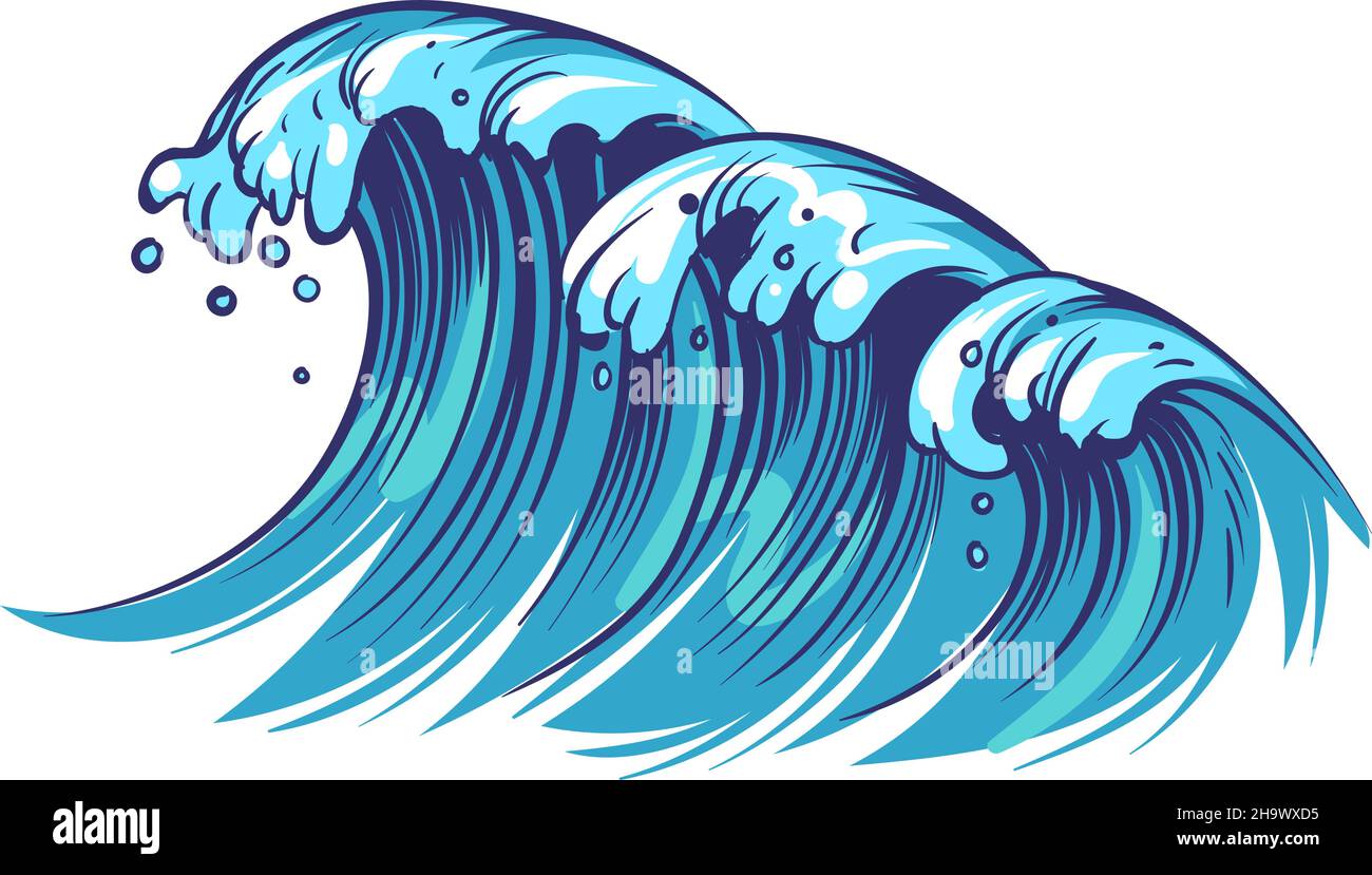Stürmisches Meer. Bewegte Wellen im handgezeichneten Stil Stock Vektor