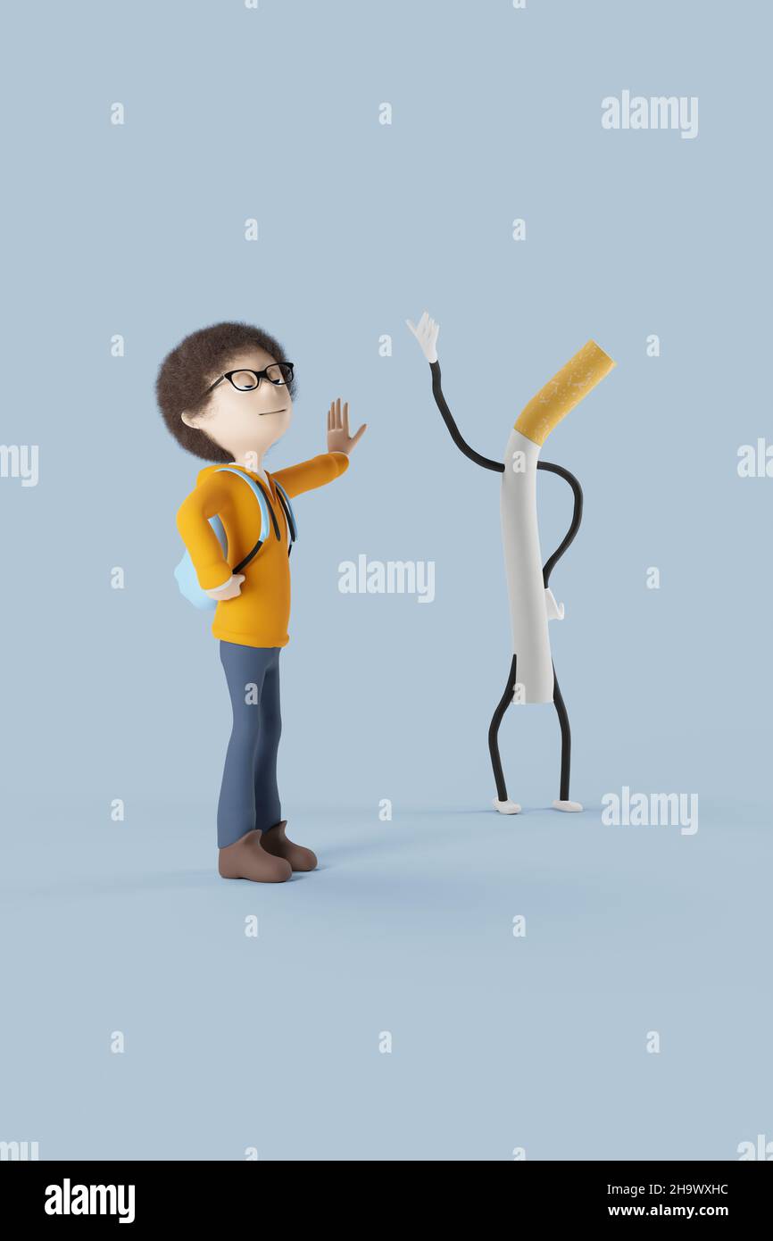 Das Schulkind hält seine Hand gegen die streitenden Zigarettenfiguren. Kein Tabakkonzept. 3D Rendern. Stockfoto Das Schulkind hält seine Hand gegen die streitenden Zigarettenfiguren. Kein Tabakkonzept. 3D Rendern. Stockfoto