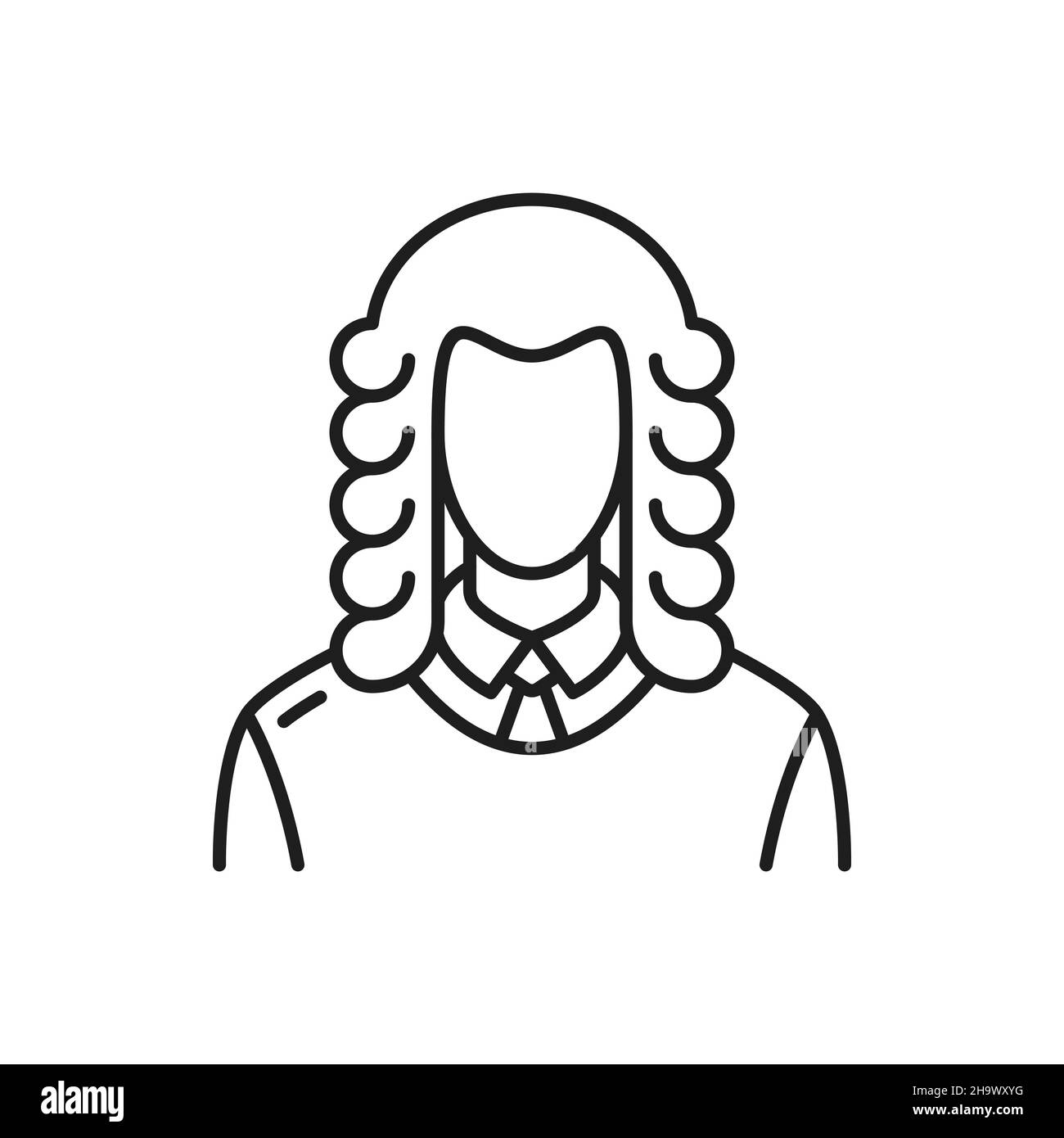 Rechtsanwalt in Perücke isoliert Richter dünne Linie Symbol Vektor juristische Autorität Person, Urteil Anwalt oder Anwalt Porträt. Magistrat Charakter, Anwalt oder Stock Vektor