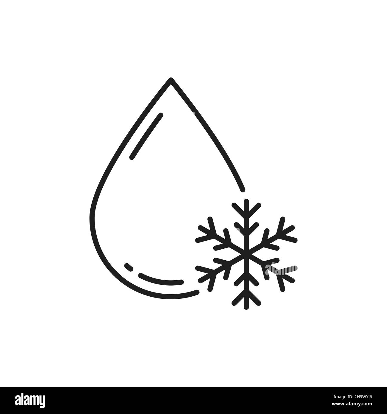 Eiskaltes Wasser, Tropfen mit Schneeflocke isoliert Umrisssymbol. Vektor kein Frostzeichen, Kühlschrank- oder Kühlschranksymbol, Winterwettervorhersage. Flocke ein Stock Vektor