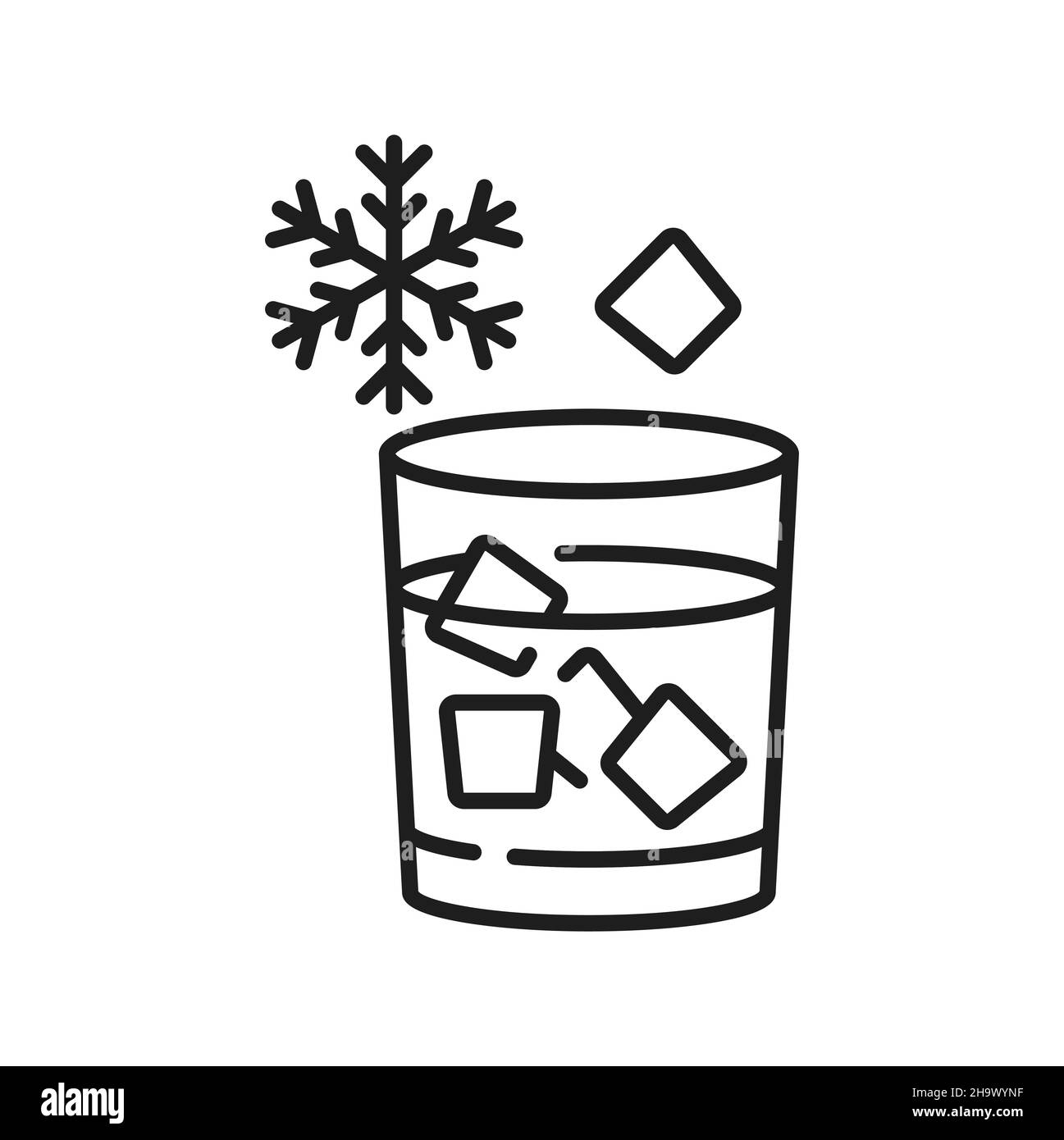 Sommerliches Erfrischungsgetränk, kaltes Wasser im Glas mit Eiswürfeln, Schneeflocken-Schild. Vector Cocktail-Schild, gefrorene Flüssigkeit im Kühlschrank, Getränk mit Eiswürfeln, j Stock Vektor