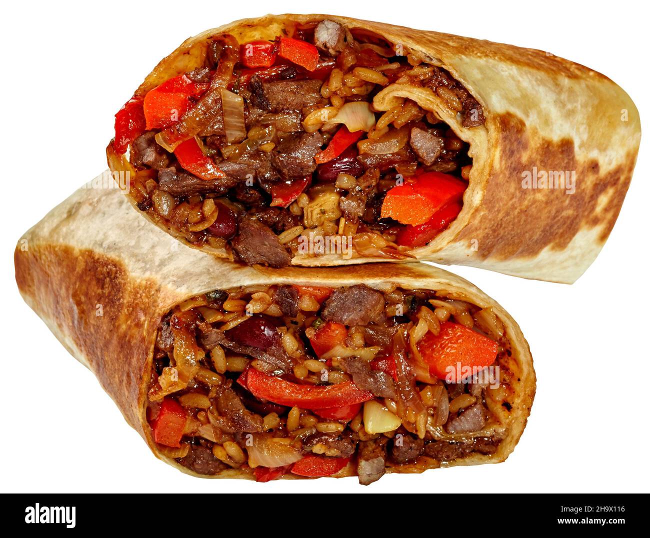 Gegrillter Burrito mit Rindfleisch und Gemüse isoliert auf weißem Hintergrund Stockfoto