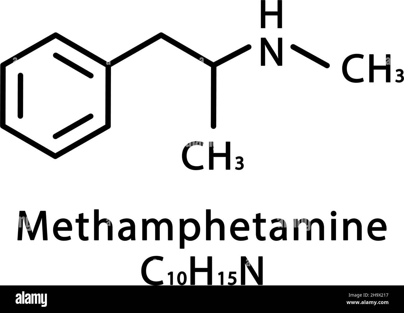 Methamphetamin-Molekülstruktur. Methamphetamin skeletale chemische Formel. Vektordarstellung der chemischen Molekülformel Stock Vektor