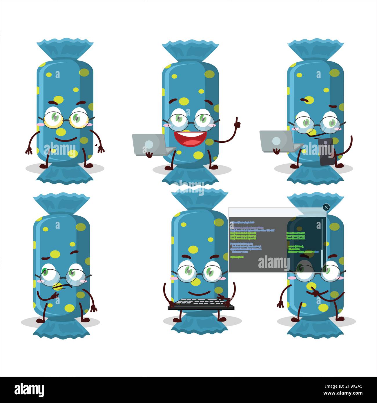 Blau lange Süßigkeiten-Paket Programmierer niedlichen Cartoon-Charakter mit. Vektorgrafik Stock Vektor