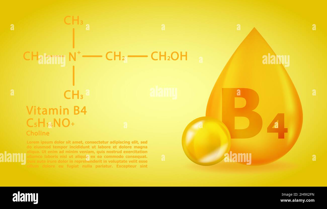 Realistischer B4 Cholin Vitamintropfen mit struktureller chemischer Formel. 3D Vitamin Molecule B4 Cholin Design. Kapsel abtropfen lassen. Stock Vektor