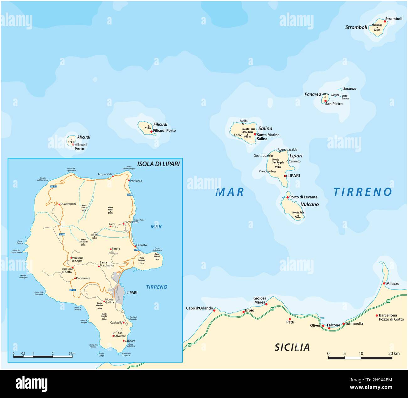 Karte der Insel Lipari und der Äolischen Inseln, Sizilien, Italien Stock Vektor