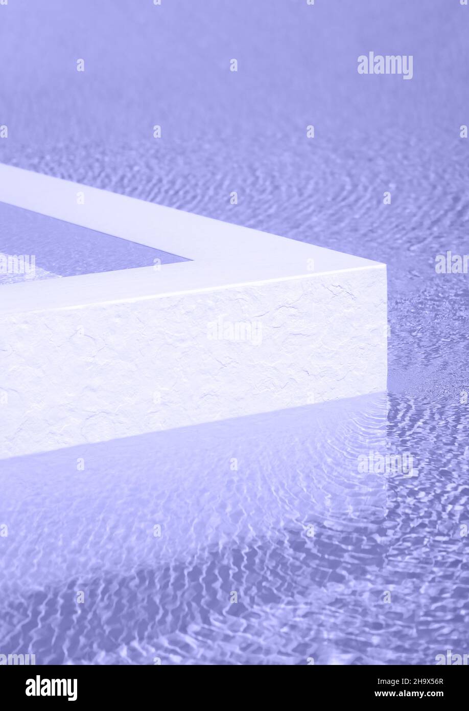 Naturstein Beton geometrische Podium im Wasser. Leere Vitrine für die Produktpräsentation der Verpackung. Hintergrund für kosmetische Produkte. Mock up Podest.getönte in der Farbe des Jahres 2022, sehr peri. Stockfoto