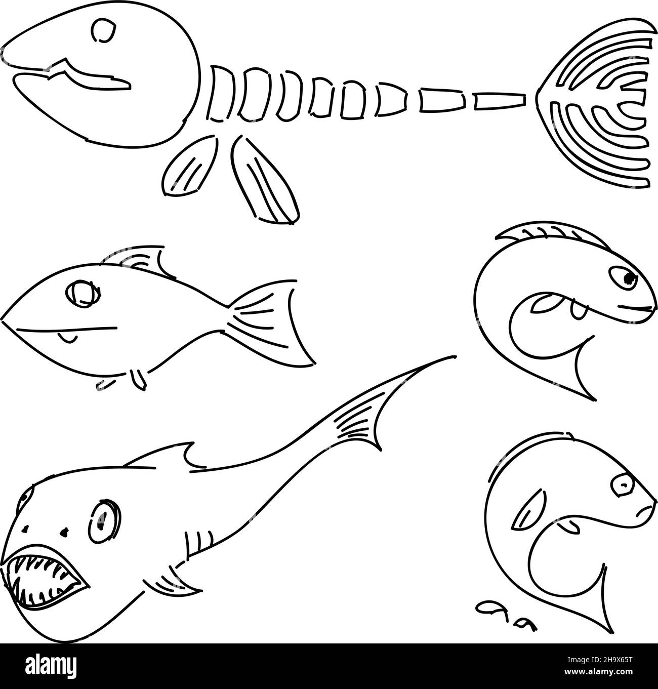 Humorvolles Zeichnen von Fischen. Vektorset. Stock Vektor