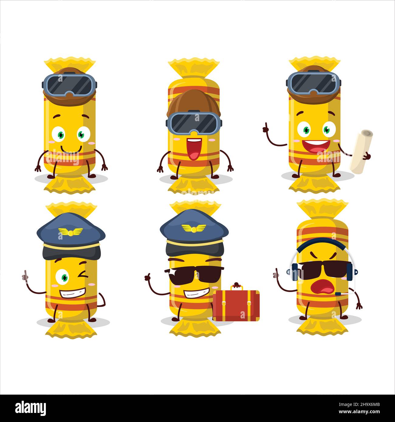 Pilot Cartoon Maskottchen gelb lange Süßigkeiten-Paket mit Gläsern. Vektorgrafik Stock Vektor