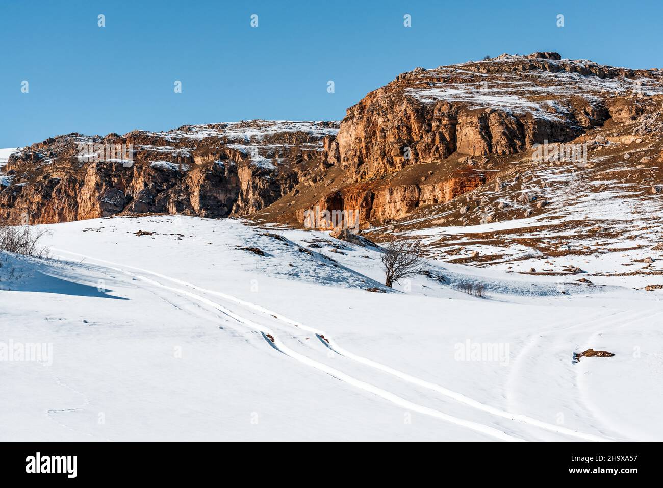 Autospur auf Schnee im Hochland Stockfotografie - Alamy