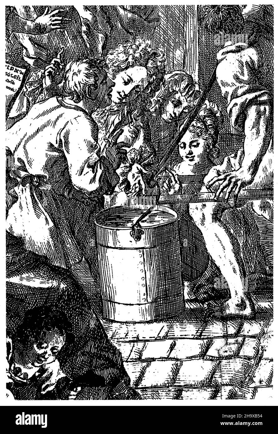 Gravur von Menschen, die 1715 in Paris eine partielle Sonnenfinsternis beobachten, indem sie eine Spiegelung in einem Eimer Wasser beobachten Stockfoto