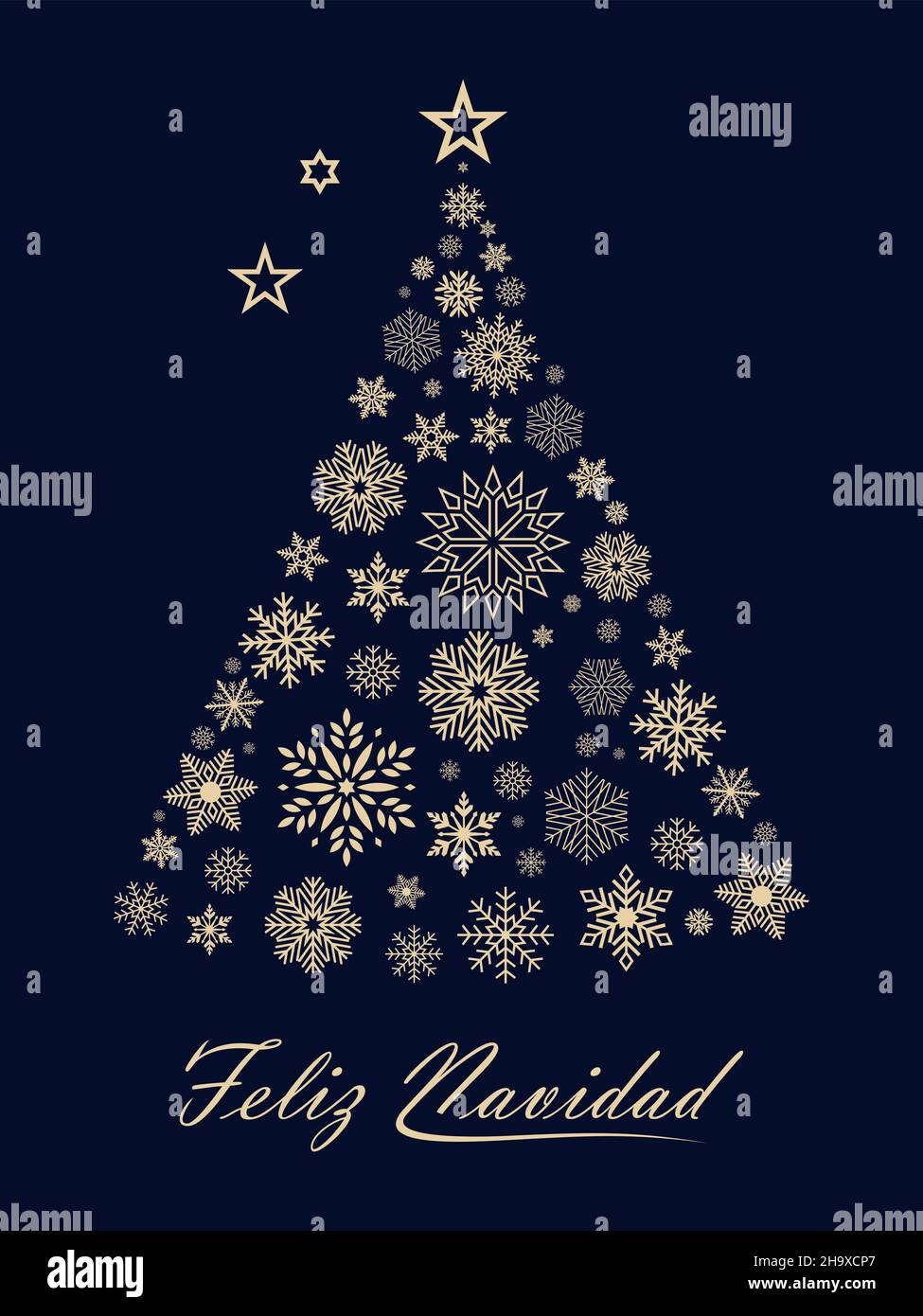Weihnachtsbaum-Vektor mit Schneeflocken und spanischen weihnachtsgrüßen auf schwarzem Rücken. Übersetzung spanisch ins englische: Feliz Navidad ist Frohe Weihnachten. Stock Vektor