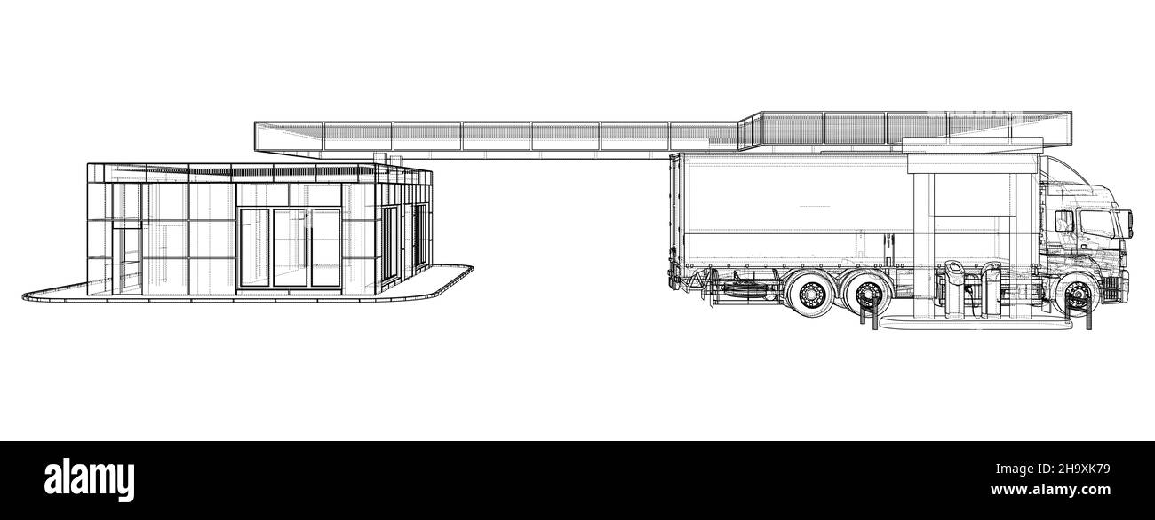 Elektroauto-Ladestation mit Autos und LKW Stockfoto