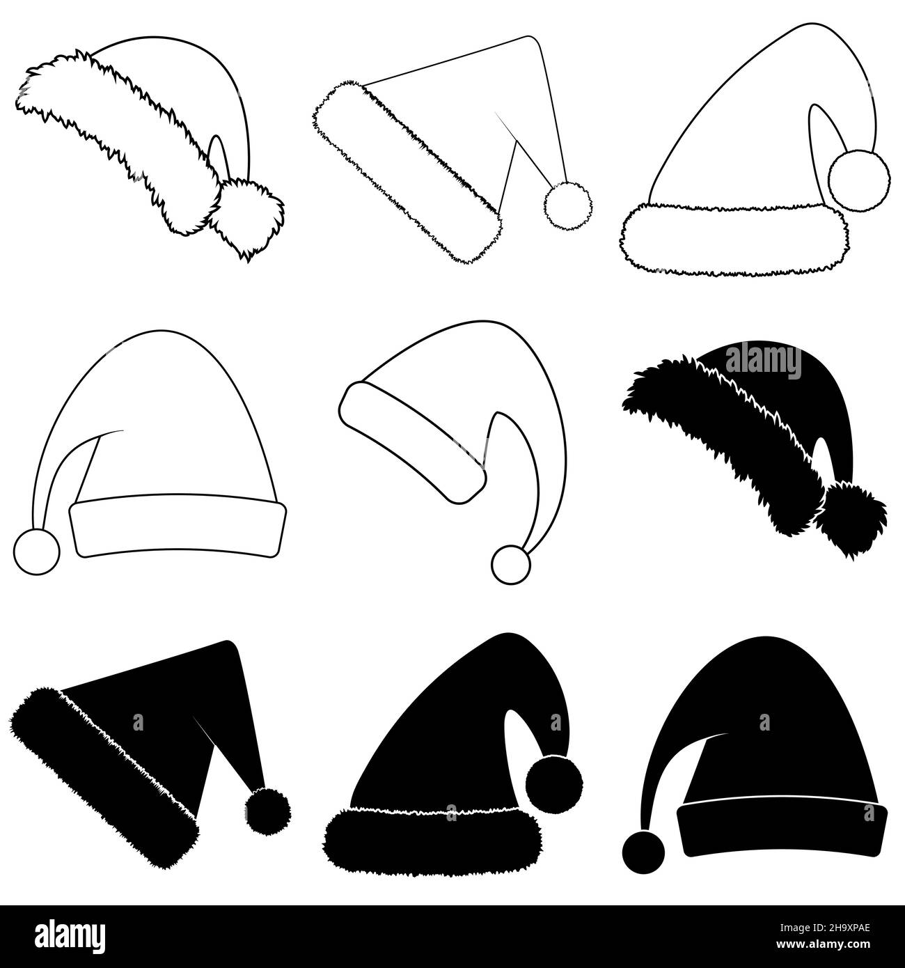 Weihnachtsmützen mit Pelzset. Silhouette und Umriss. Isolierte Weihnachten Urlaub Vektor Dekoration Illustration Stock Vektor
