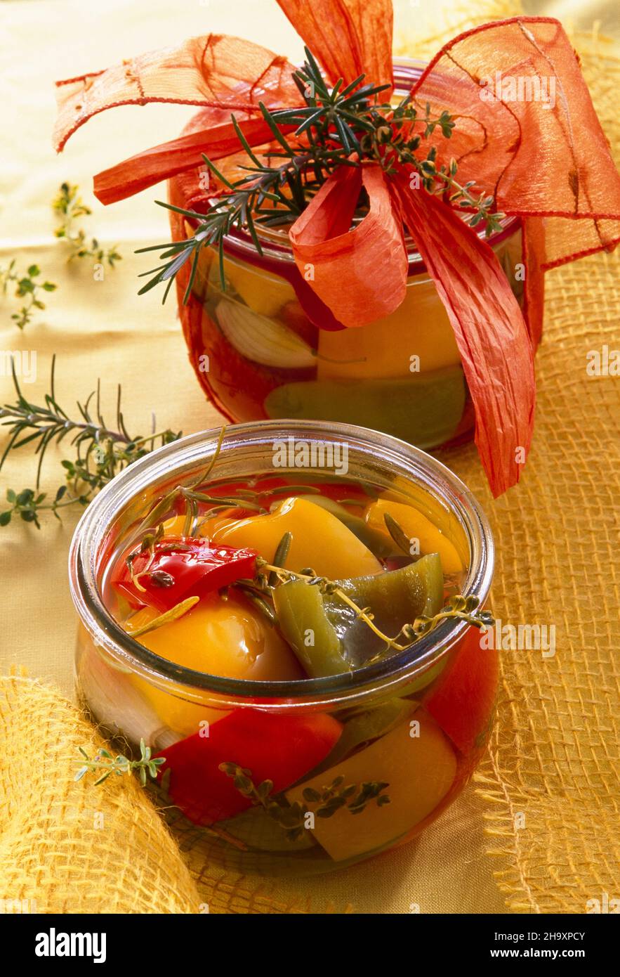 Eingelegte Paprika mit Rosmarin und Thymian als Geschenk in Gläsern Stockfoto