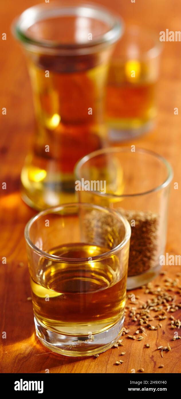 Anisschnaps auf Vodka-Basis mit Vanille, Aniskernen und Zucker Stockfoto