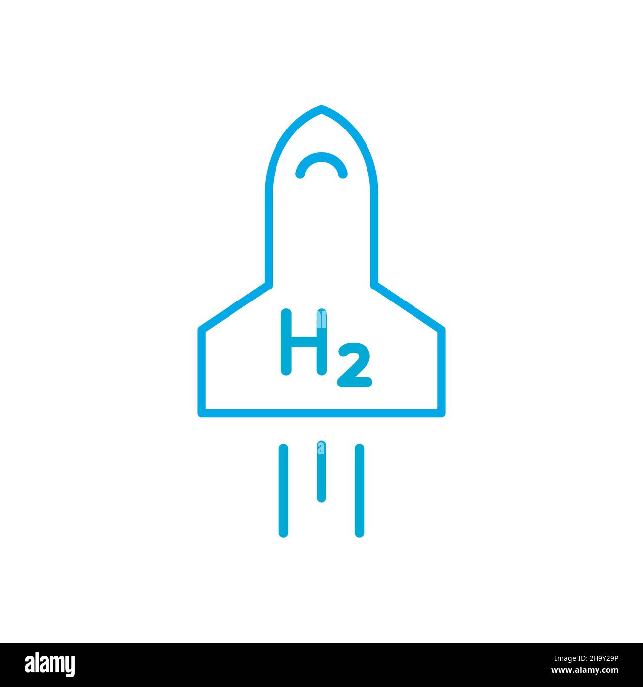 Blaues Symbol für die Raketenlinie des Wasserstoffbrennstoffs. Start von Brennstoffzellenflugzeugen. Raumfahrt Tourismus Konzept. Nachhaltige erneuerbare Energien. Wasserstoffdioxid-Brennstoff. Stock Vektor