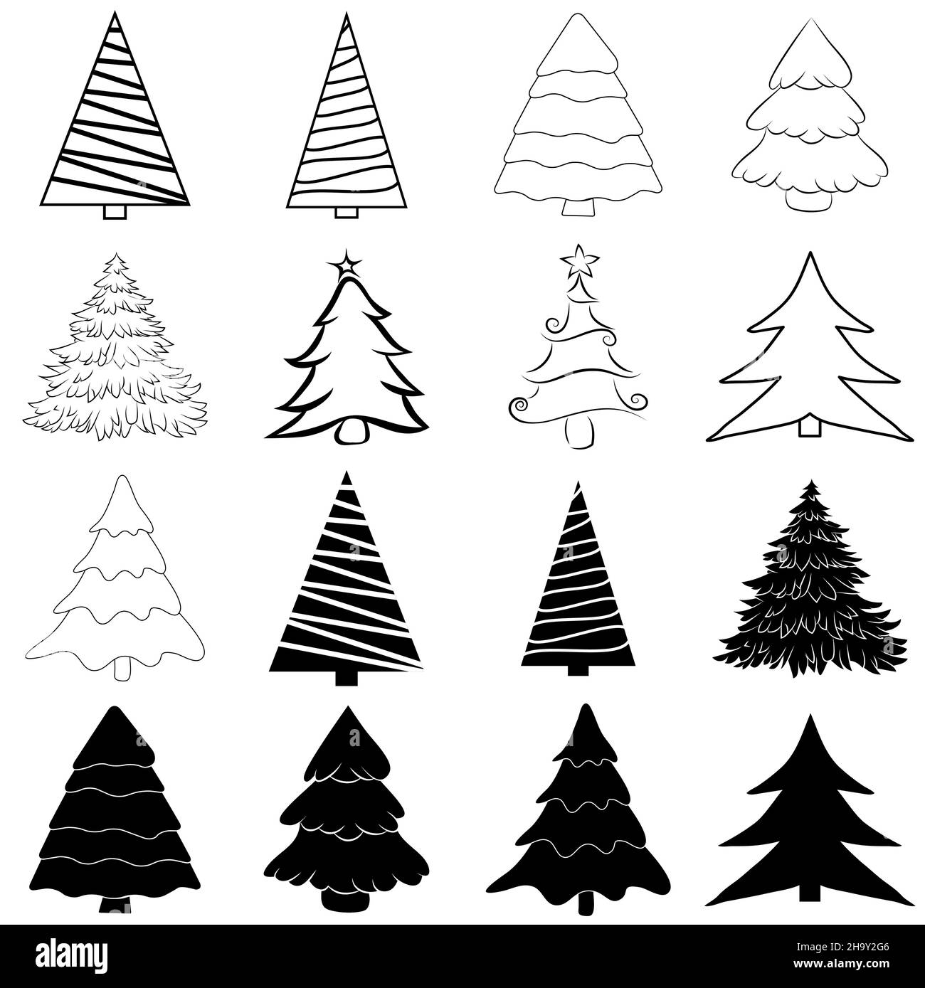 weihnachtsbaum Umriss Set. vektor-Symbol und Silhouette Form Sammlung. Stock Vektor