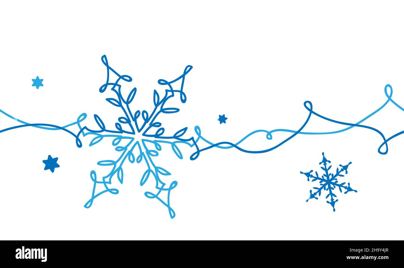 Snowflakes decorative vector border for Christmas and New Year celebration. One line art design of snowflakes in blue and white colors. Continuous Stock Vektor