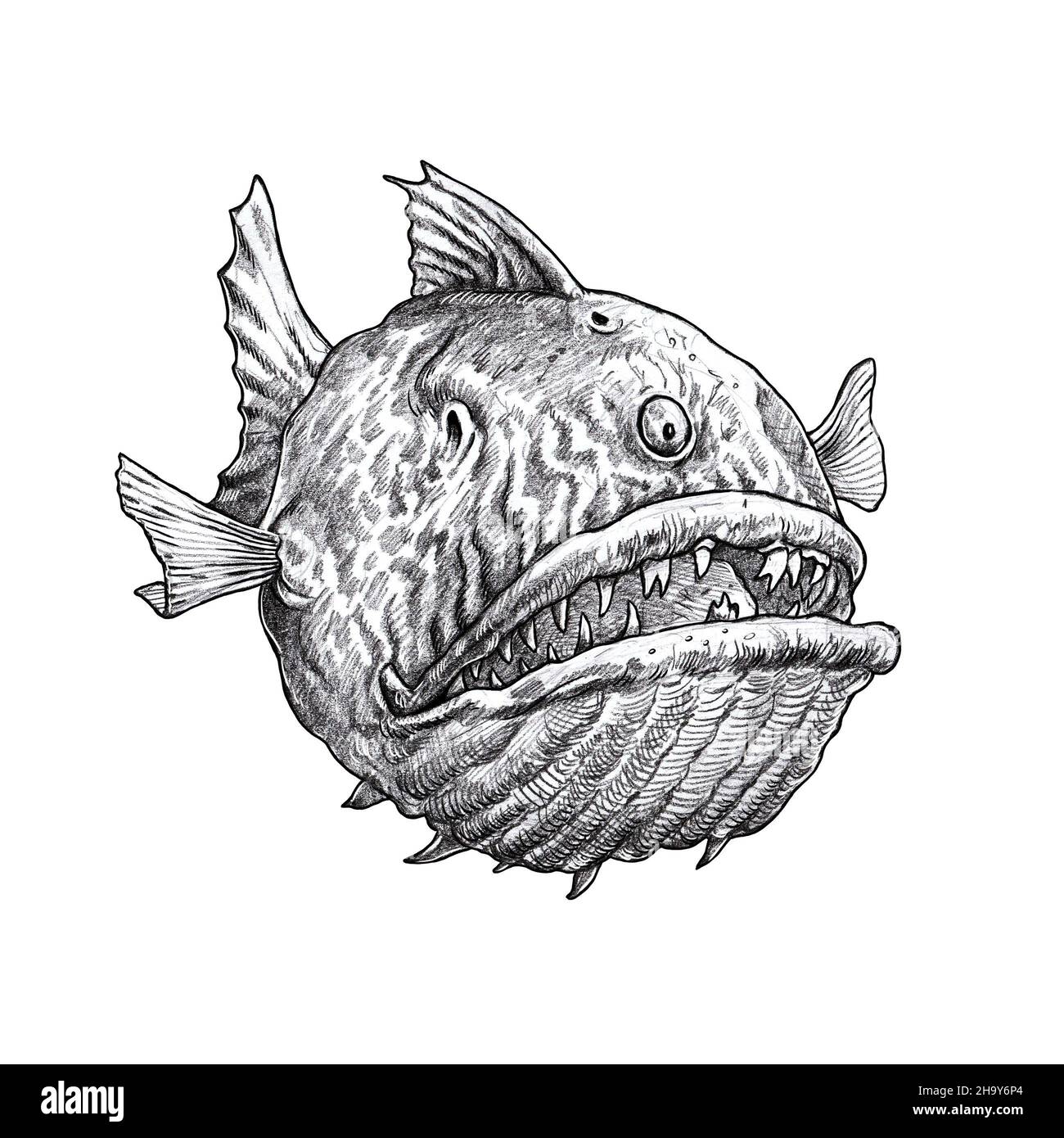 Mystischer Monsterfisch. Unterwasserwesen. Fantasy-Zeichnung. Stockfoto