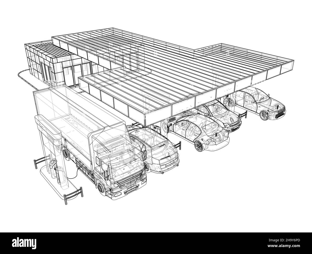 Elektroauto-Ladestation mit Autos und LKW Stockfoto