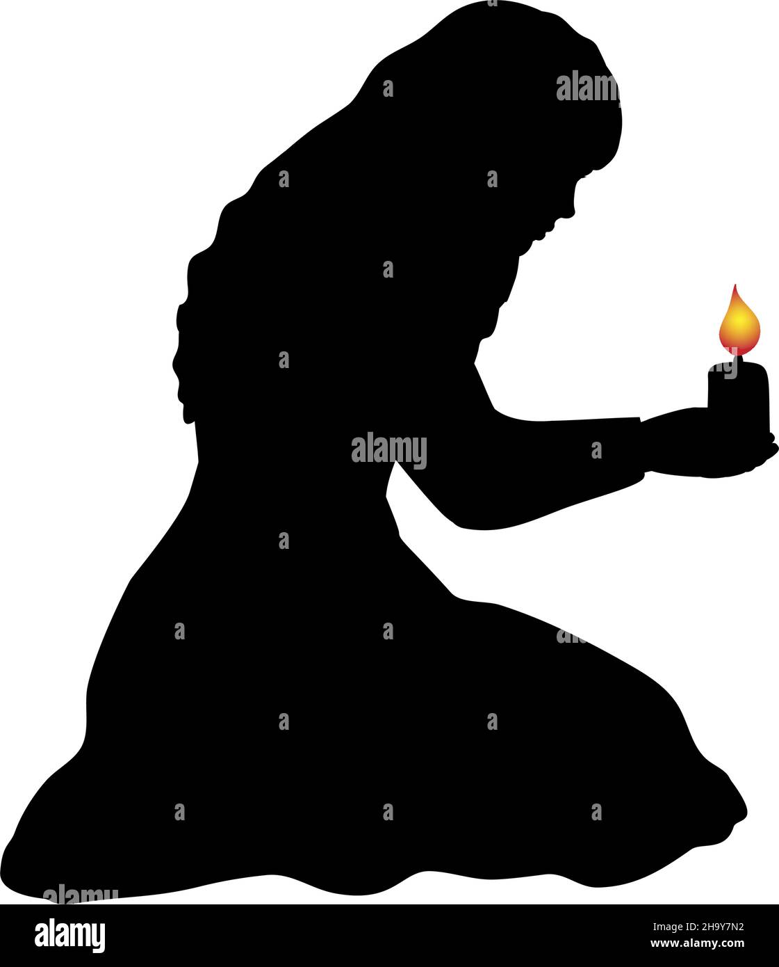 Silhouette einer Frau, die mit Kerze auf den Knien sitzt. Stock Vektor