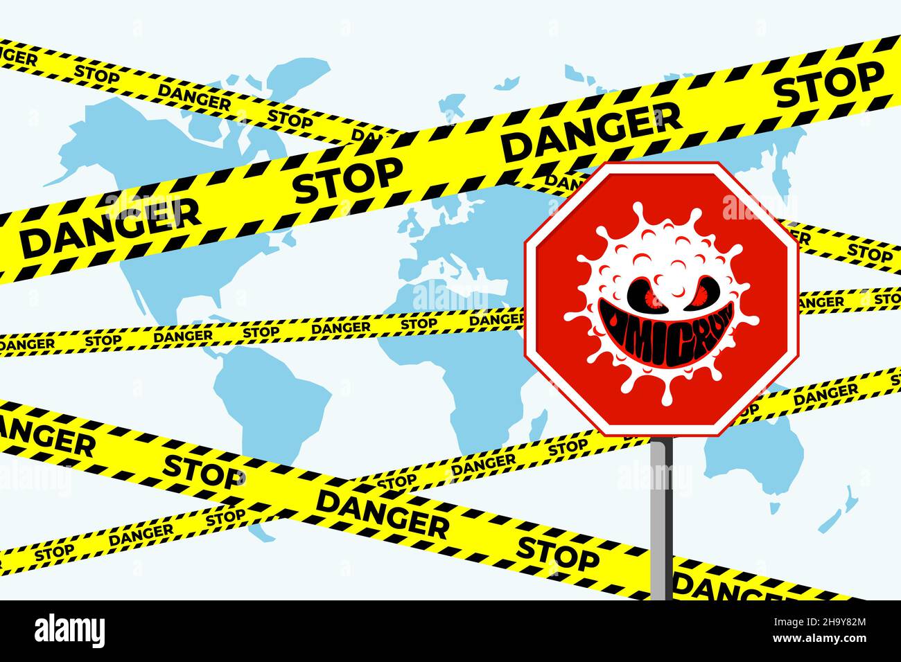 Neue Coronavirus-Variante des COVID-19-Stammes omicron. World Alert Angriffskonzept. Mutierte Coronavirus-Epidemie und Epidemie von Atemwegsinfektionen. Vector eps Poster mit gelben Schutzbändern Stock Vektor