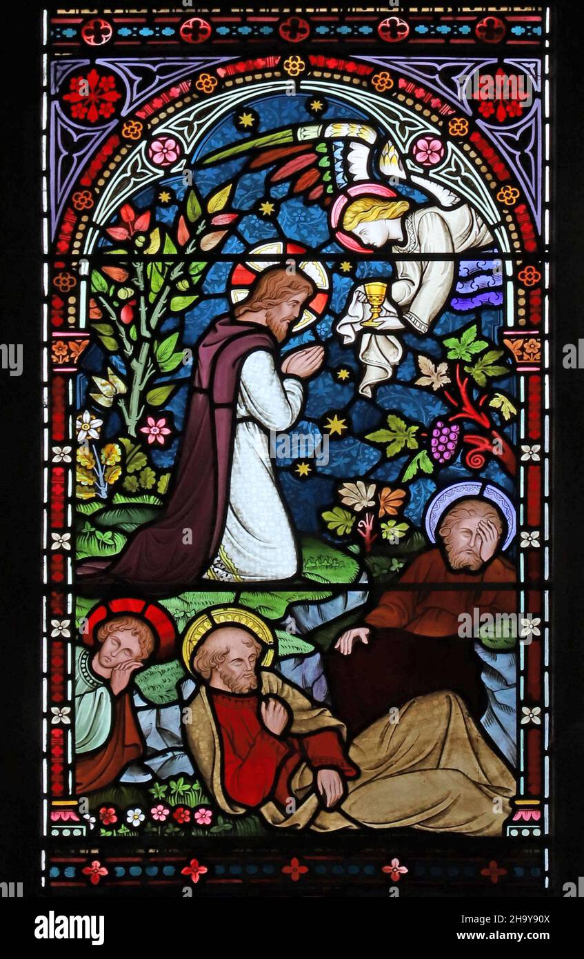 Ein Buntglasfenster von Frederick Preedy, das Agony im Garten, die St. Mary's Church, Old Hunstanton, Norfolk darstellt Stockfoto