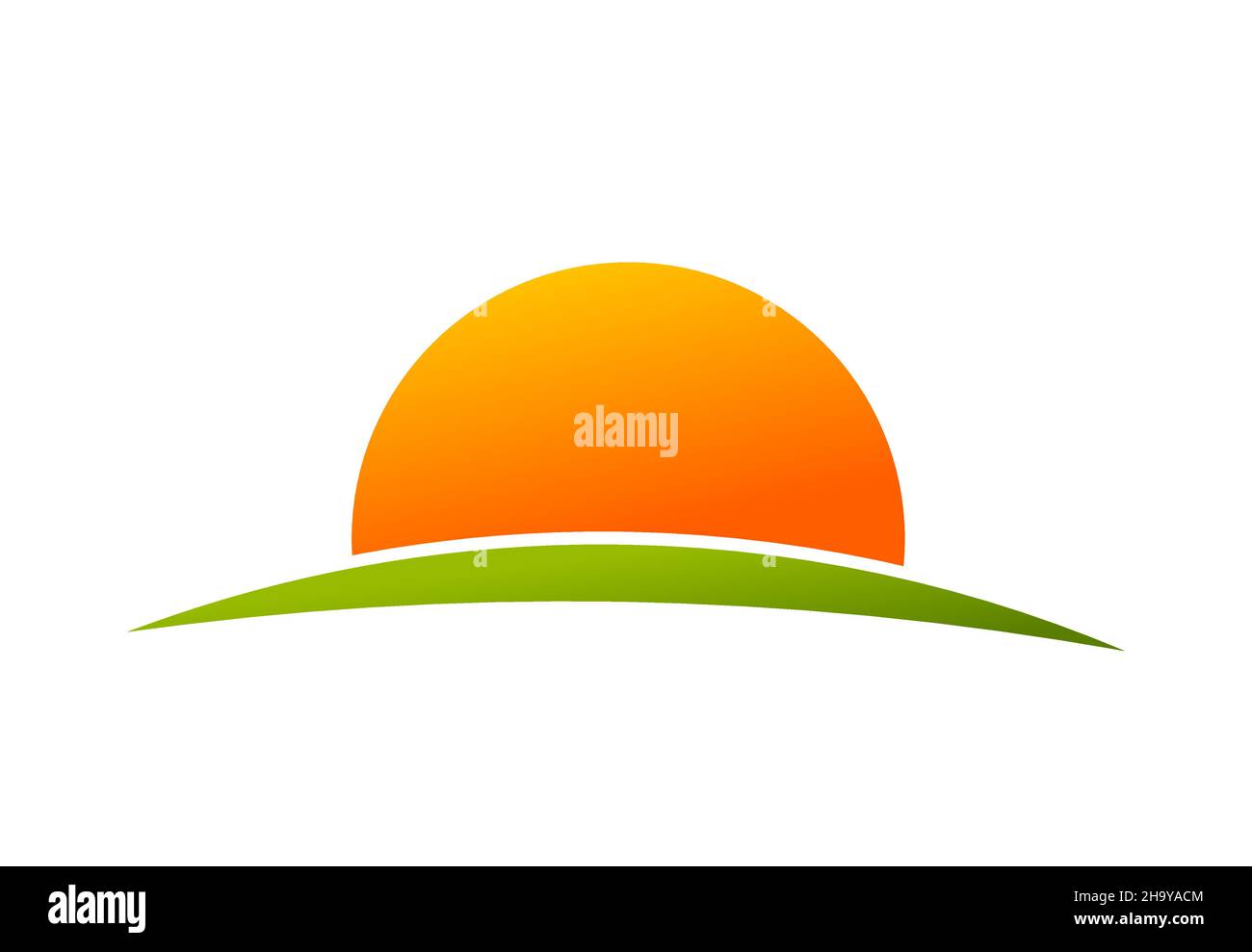 Symbol für die Sonnenuntergangssonne. Sonnenuntergang über dem grünen Hügel. Vektorgrafik. Stock Vektor